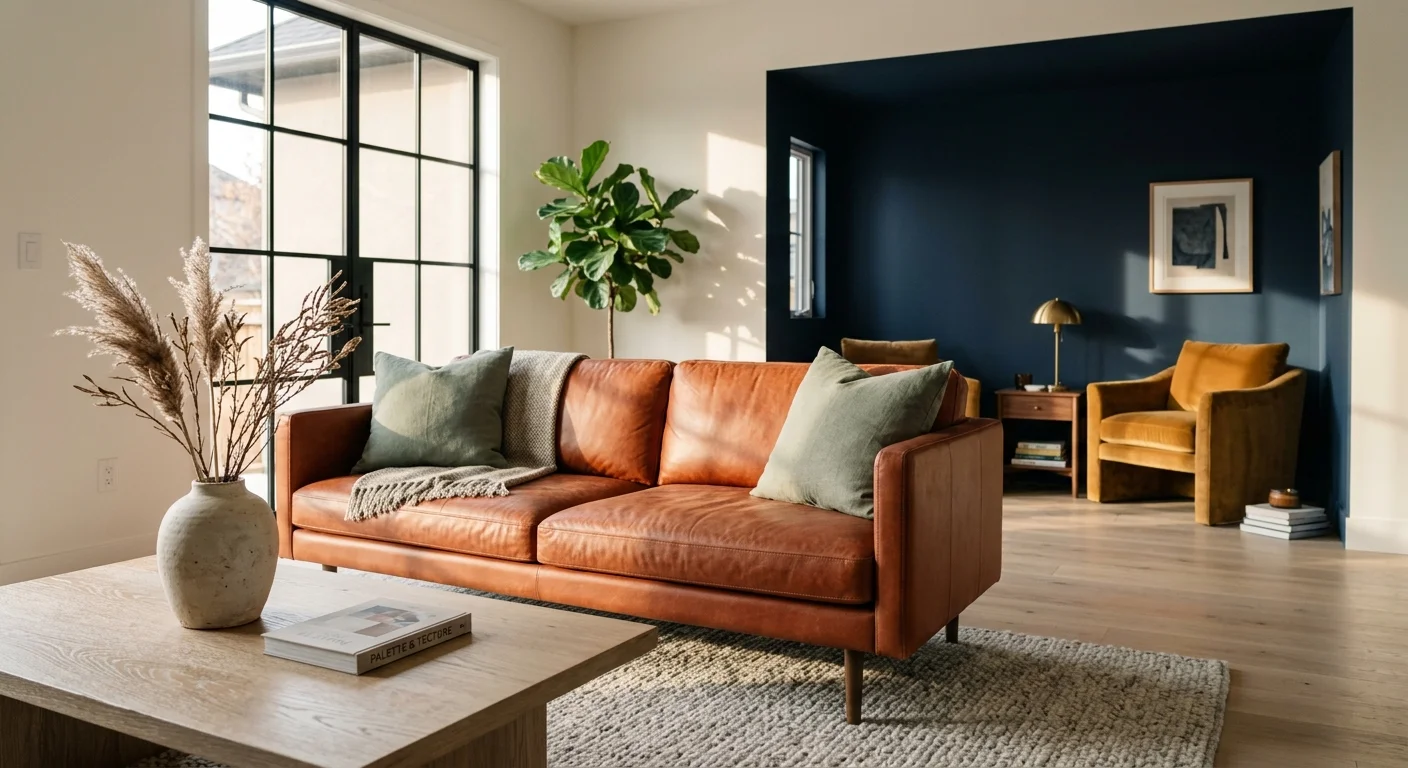 A sunlit modern living room showcasing a terracotta leather sofa, sage green pillows, and a deep navy blue reading nook.