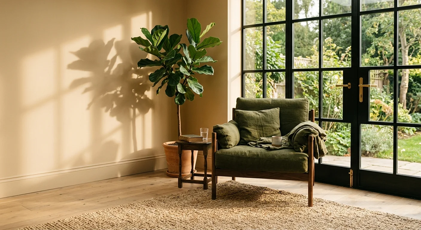 A sunlit room with warm sand walls, an olive green linen armchair, and a natural jute rug.