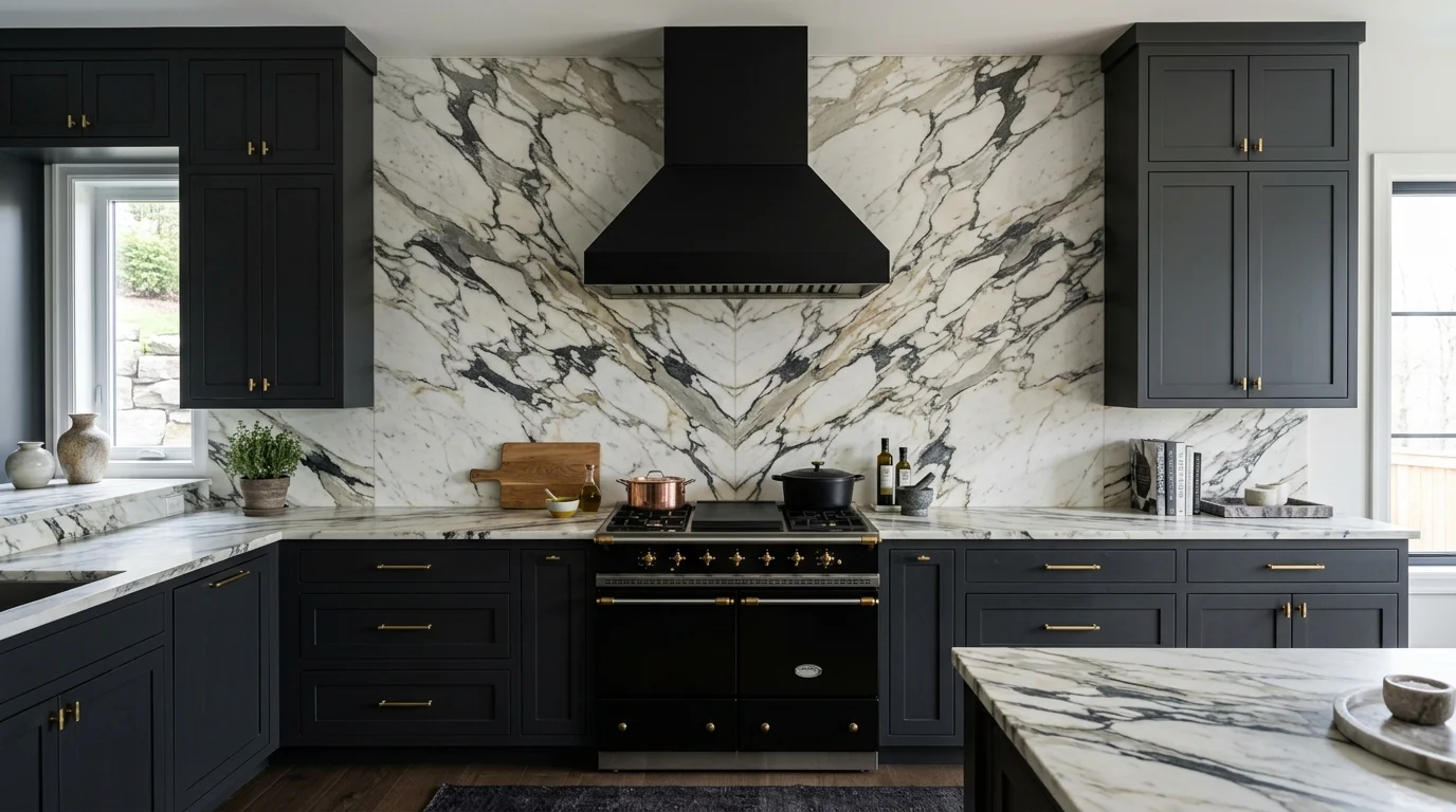 A symmetrical bookmatched Calacatta marble slab backsplash with dramatic charcoal veins behind a modern range hood.