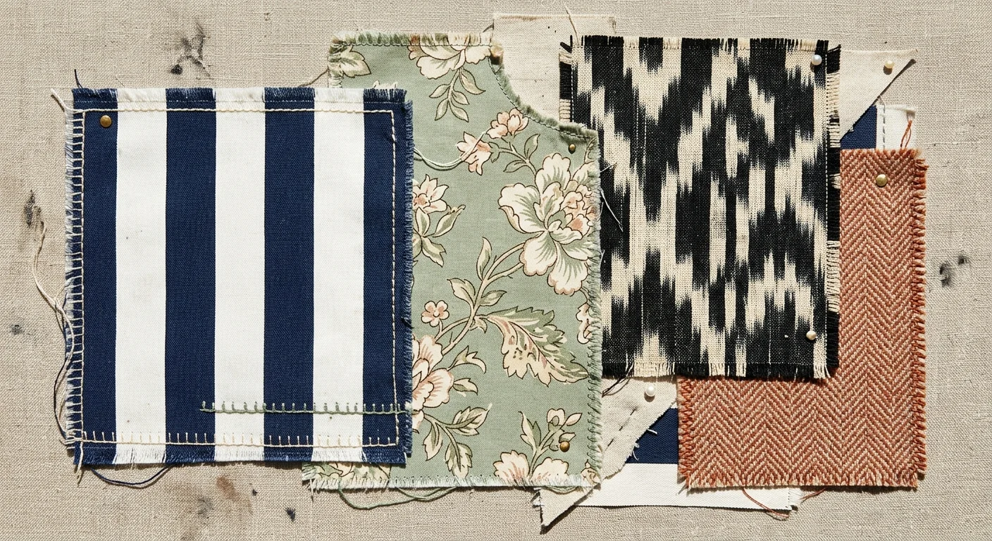 A tactile paper collage showcasing mixed patterns including stripes, florals, and geometric ikats layered together.