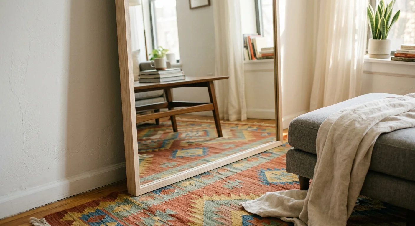 A tall, thin-framed wooden mirror leaning against a wall in a compact apartment, tilted back slightly to create the illusion of space.