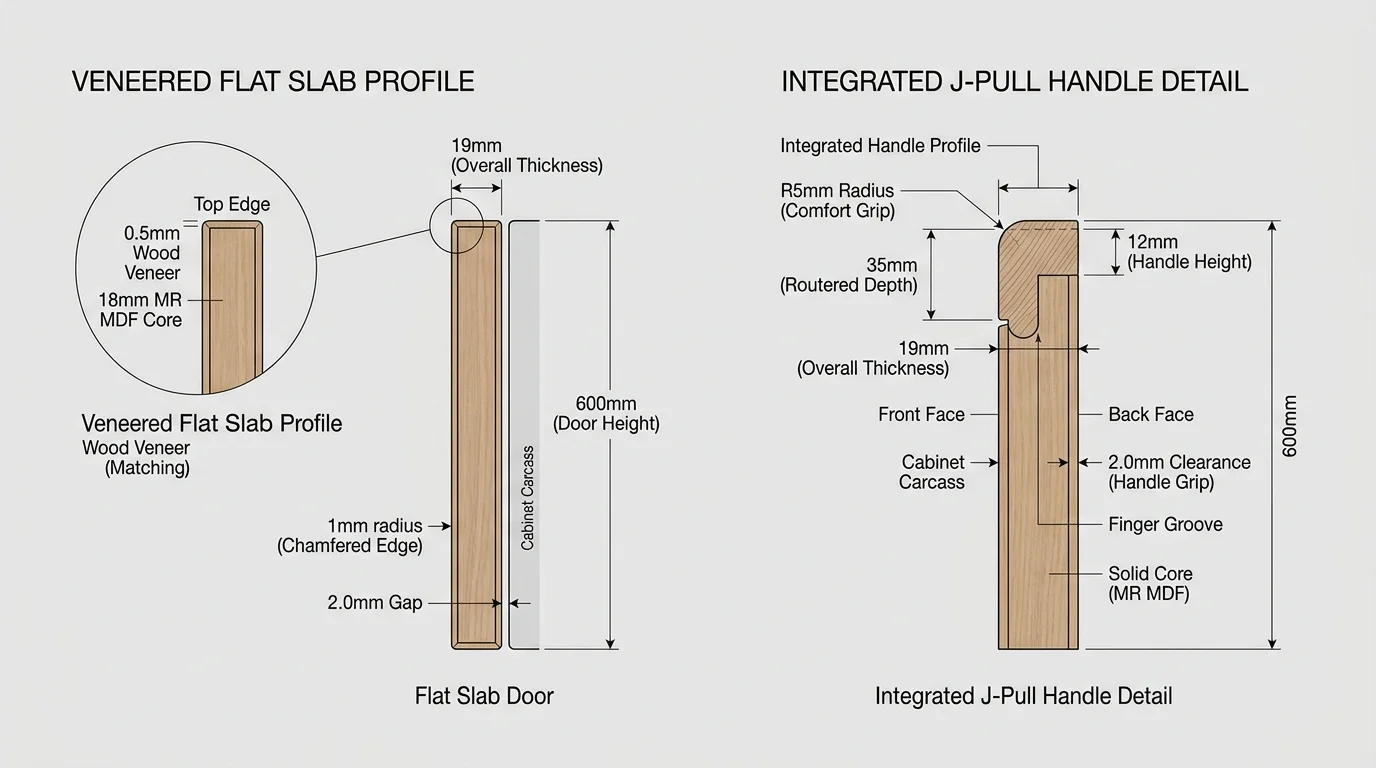 A technical diagram showing the cross-section profiles of a minimalist flat slab cabinet door and an integrated J-pull handle.