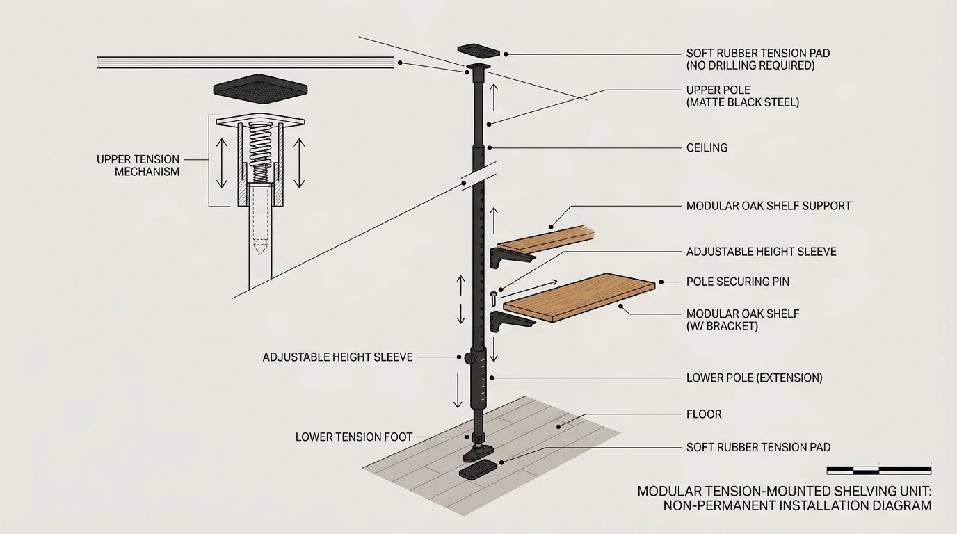 A technical line-art diagram showing how a non-permanent tension shelving system locks between the floor and ceiling.