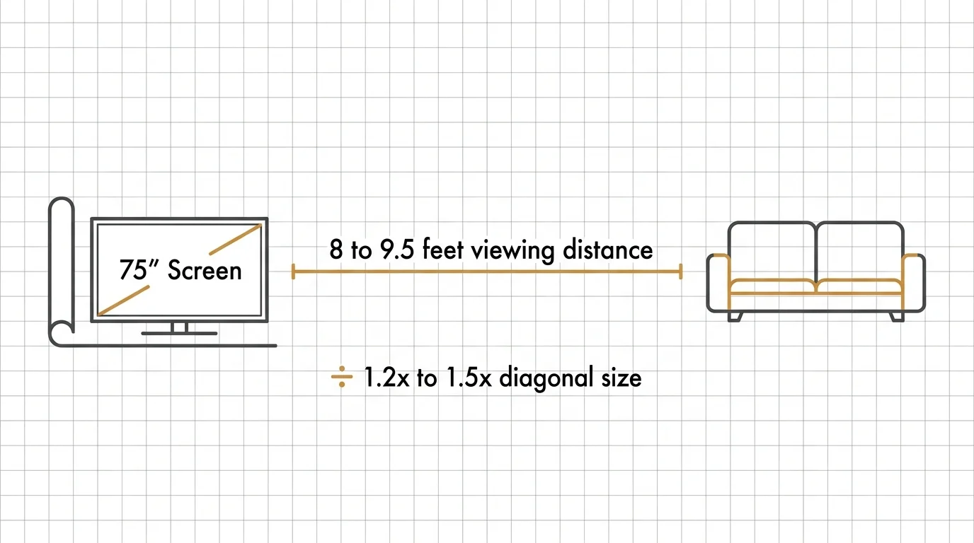 A technical space-planning diagram showing the optimal 8 to 9.5 feet viewing distance for a 75-inch television screen.