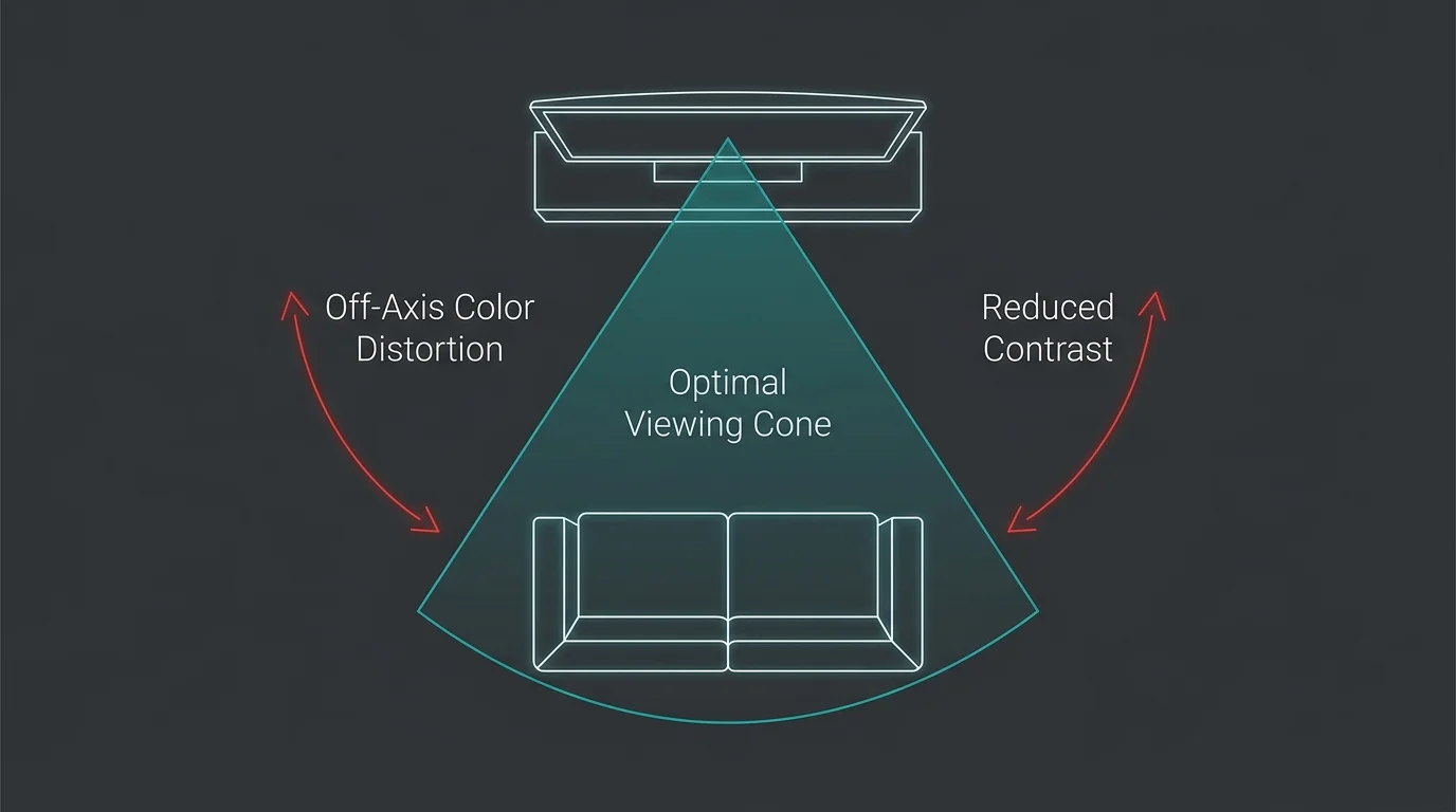 A technical top-down diagram showing the optimal viewing cone for a television, illustrating off-axis distortion areas.