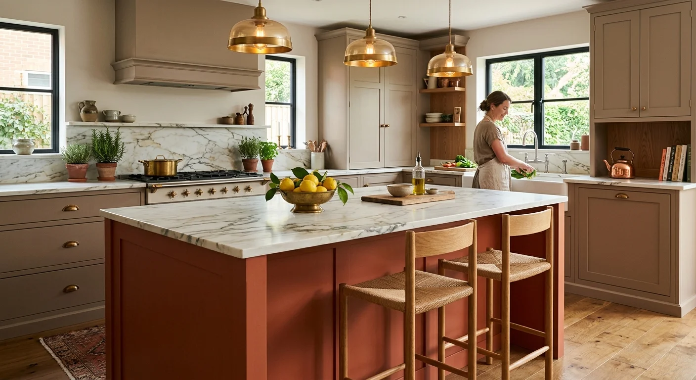 A terracotta-colored kitchen island with a thick marble countertop and oak barstools in a warm modern kitchen.