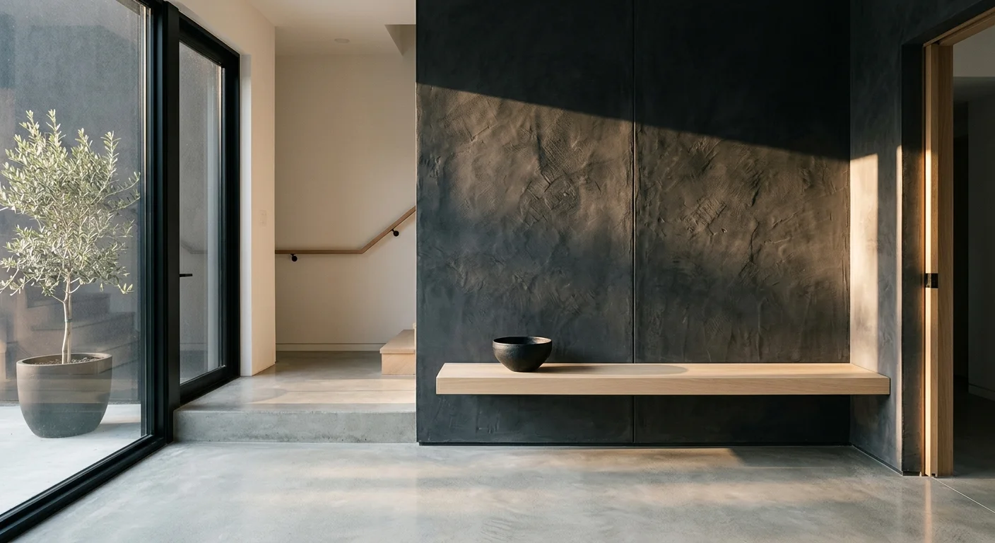 A textured dark charcoal plaster wall catching strong afternoon sunlight in a minimalist modern hallway.