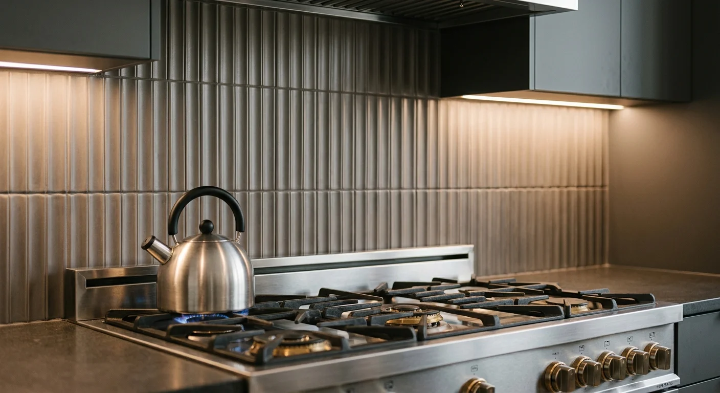 A textured, fluted grey ceramic tile backsplash behind a stainless steel stove, illuminated by warm under-cabinet lighting.