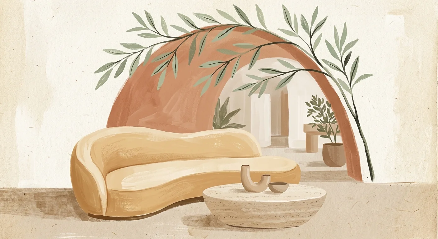 A textured gouache illustration of an organic, curved cream sofa and a rounded travertine coffee table with an olive branch.