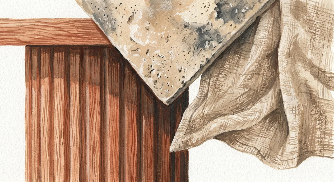 A textured gouache illustration showing a close-up of fluted oak wood, matte travertine stone, and raw linen fabric.