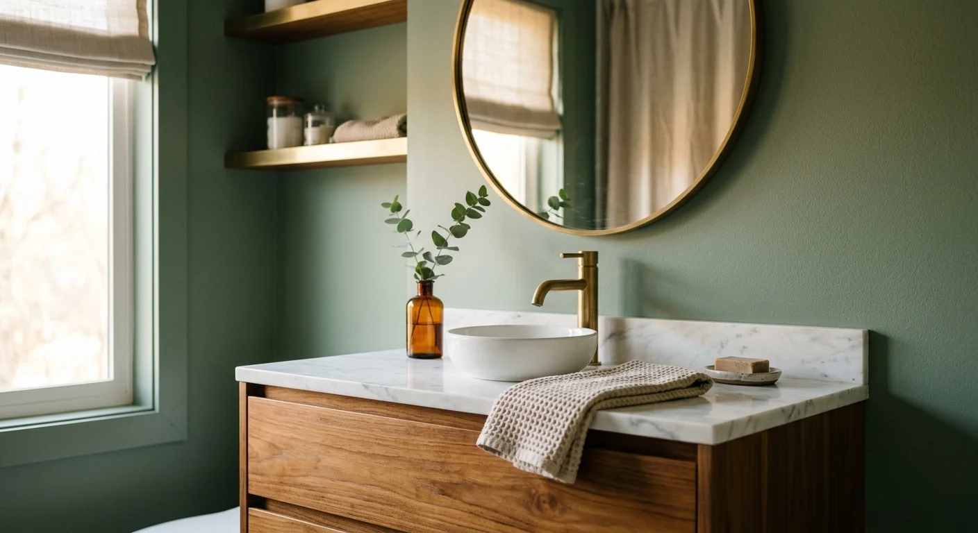 A tranquil bathroom vanity with warm teak wood, brass fixtures, and soft eucalyptus green walls.