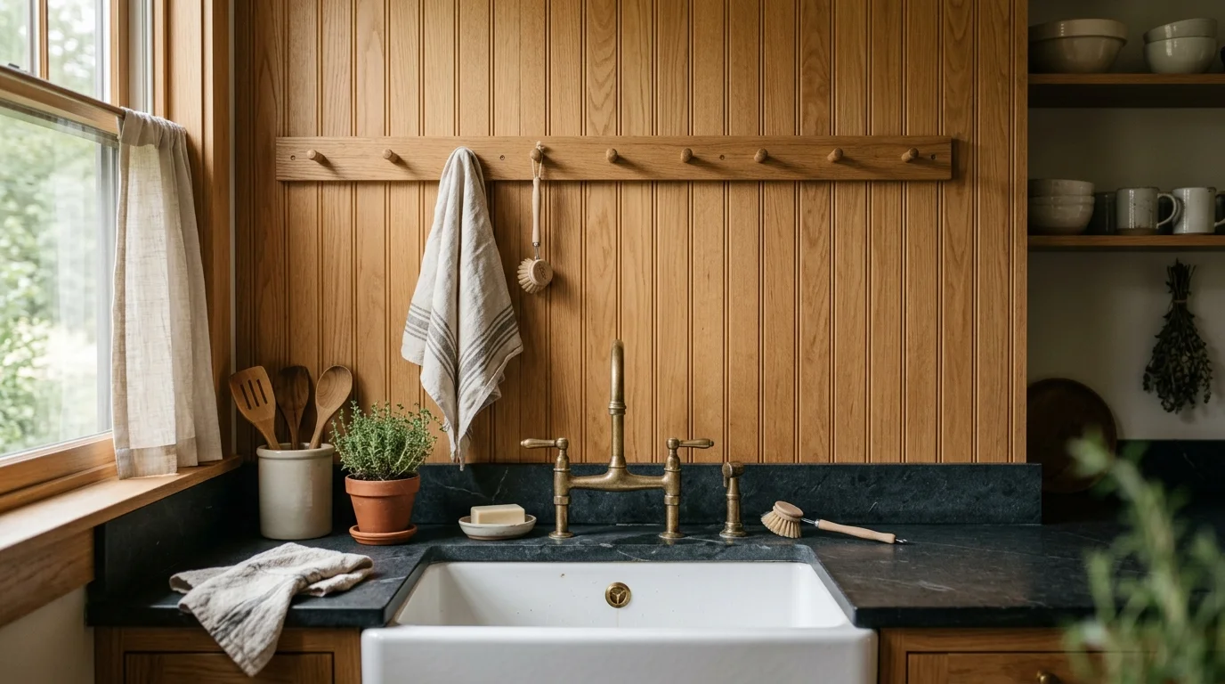 A vertical warm oak wood beadboard backsplash in a cottage kitchen behind a white farmhouse sink.