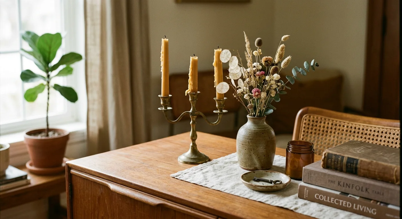 A vintage brass candelabra with beeswax candles and a ceramic vase with dried flowers on a teak sideboard.