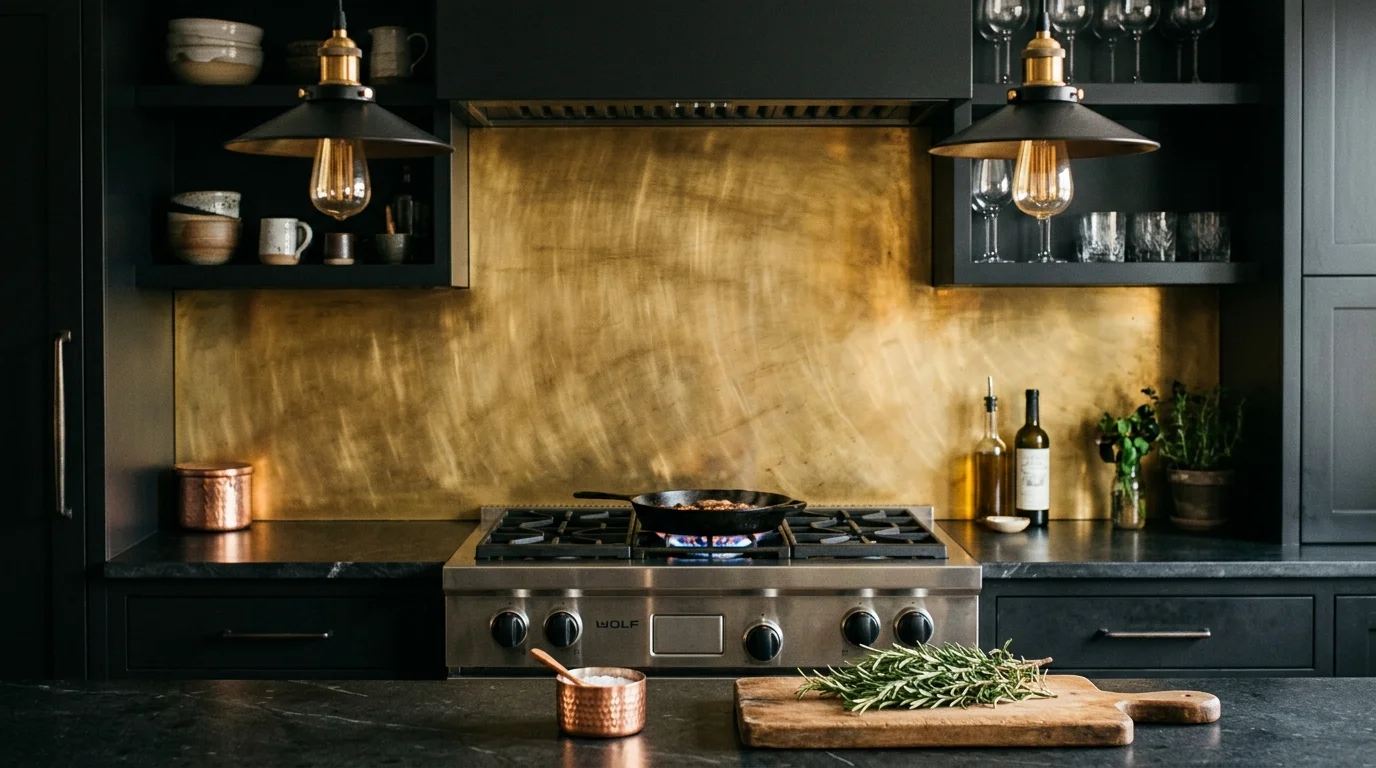 A warm, brushed brass sheet metal backsplash behind a professional gas stove with black cabinetry.