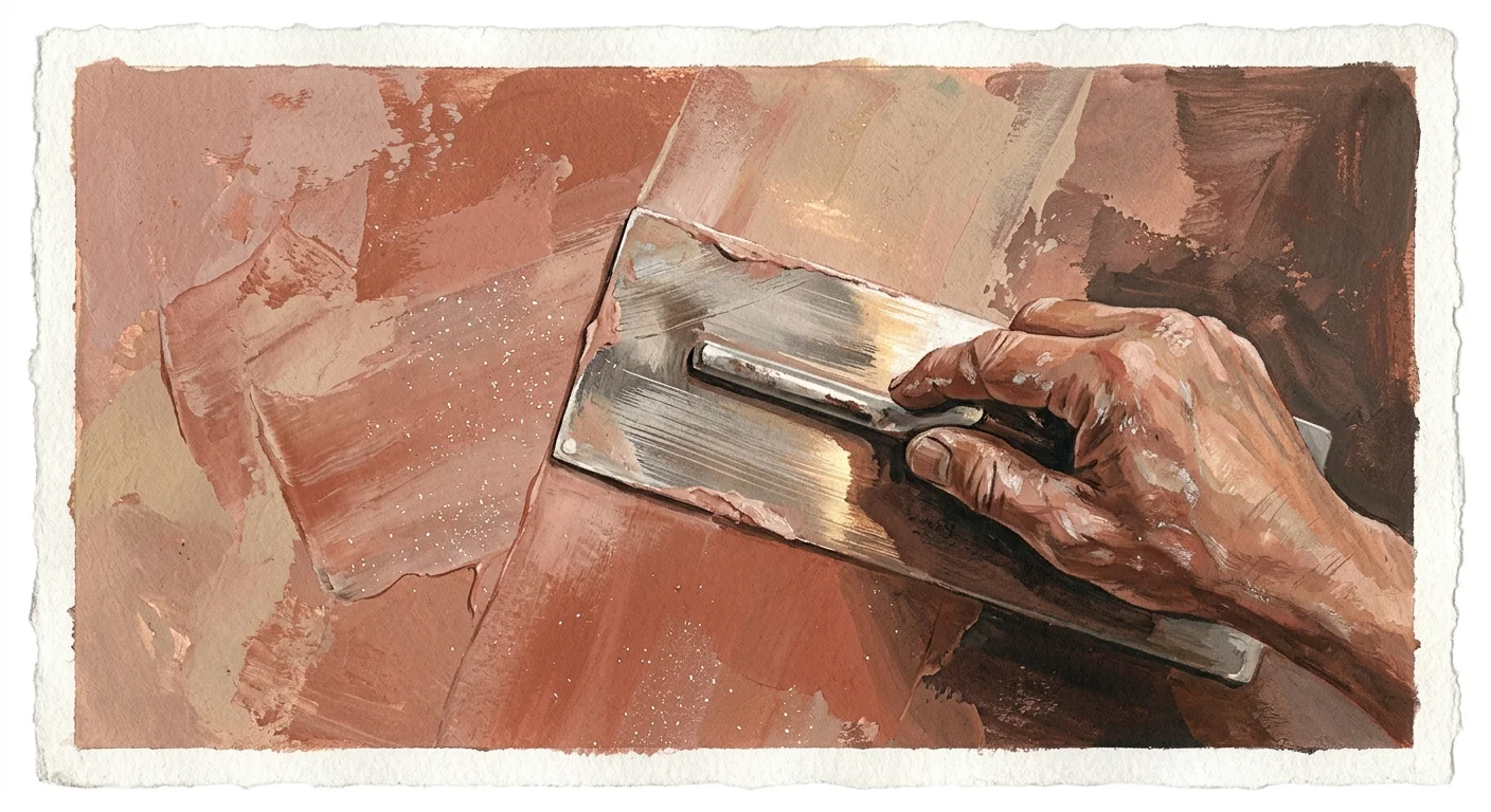A warm gouache illustration of a craftsperson's hand troweling rich terracotta Venetian plaster onto a wall.