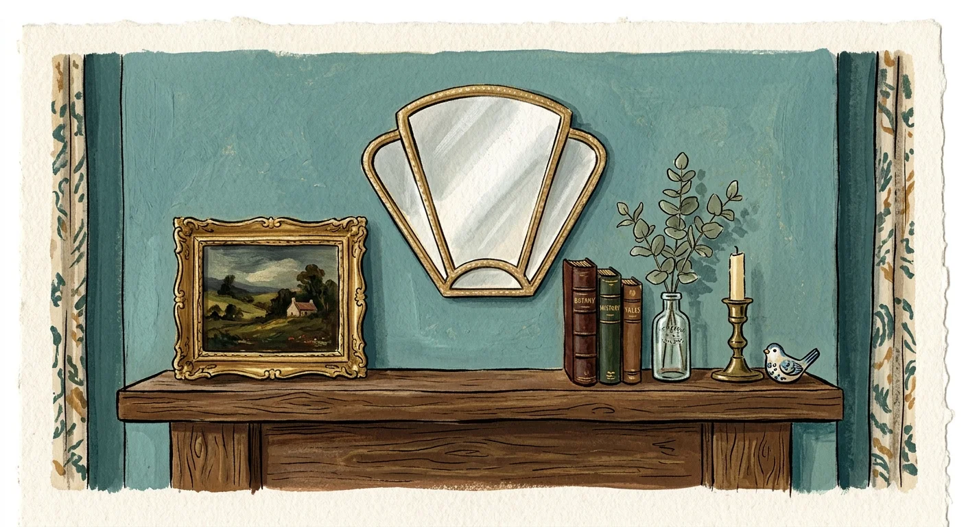 A warm gouache illustration of a vintage mantelpiece styled with an Art Deco fan mirror, antique books, and a gilded landscape painting.