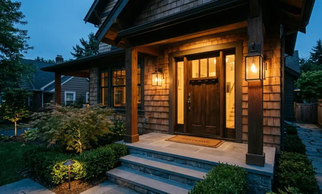 A warm, inviting Craftsman home entryway illuminated at dusk by elegant bronze wall sconces and soft garden landscape lighting.