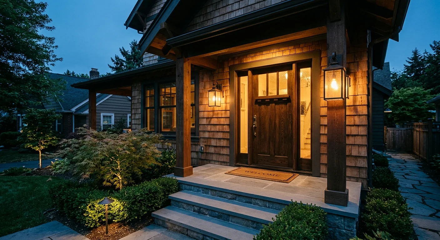 A warm, inviting Craftsman home entryway illuminated at dusk by elegant bronze wall sconces and soft garden landscape lighting.