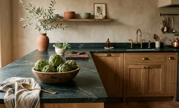 A warm kitchen with white oak cabinets, dark soapstone countertops, and warm clay walls, lit by soft afternoon sunlight.
