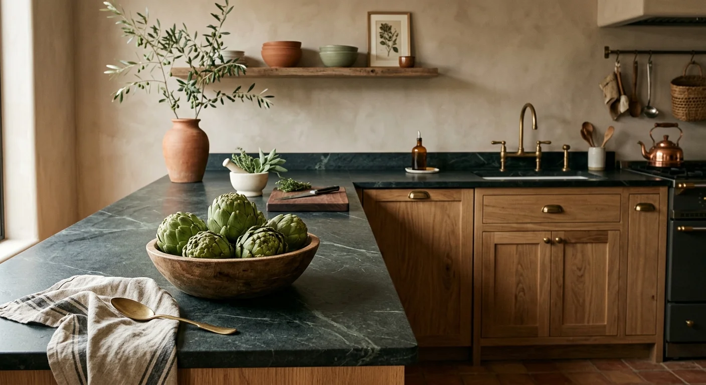 A warm kitchen with white oak cabinets, dark soapstone countertops, and warm clay walls, lit by soft afternoon sunlight.
