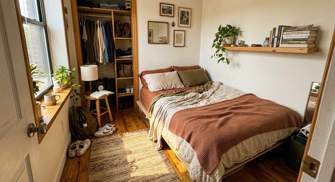 A warm, lived-in small bedroom during golden hour, showing a low bed, floating shelves, and soft sunlight.