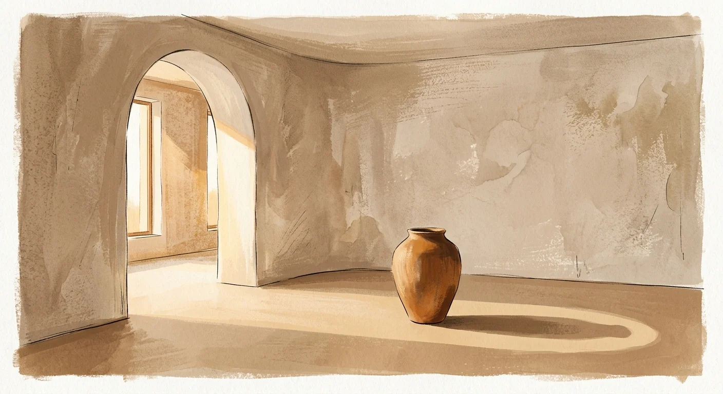 A warm minimalist gouache illustration of a plaster archway and a single sculptural ceramic urn casting a long shadow.