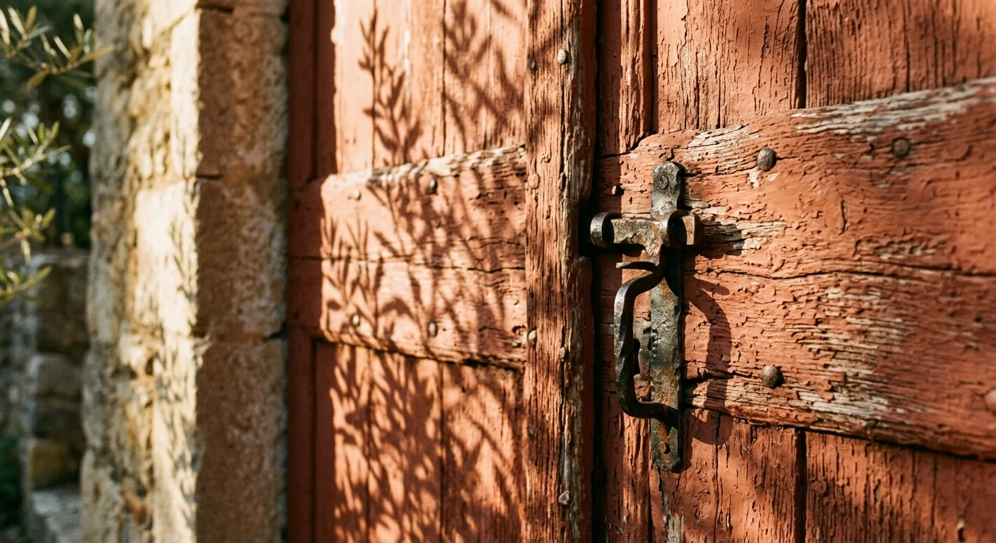 A warm Portra 400 film photograph of a weathered terracotta front door with a rustic black iron latch in golden hour sun.