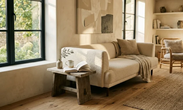 A warm, sunlit living room featuring soft off-white walls, a cream bouclé sofa, and natural light oak flooring in a serene atmosphere.