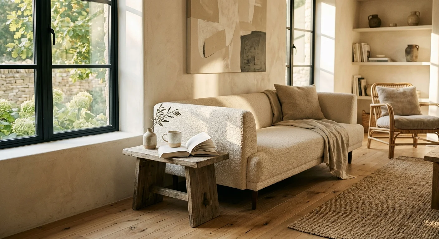 A warm, sunlit living room featuring soft off-white walls, a cream bouclé sofa, and natural light oak flooring in a serene atmosphere.
