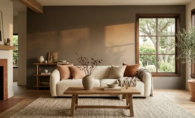 A warm, sunlit living room with a mushroom gray wall, cream bouclé sofa, and oak coffee table.