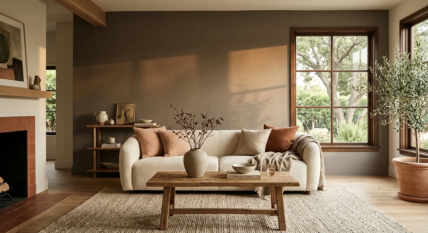 A warm, sunlit living room with a mushroom gray wall, cream bouclé sofa, and oak coffee table.