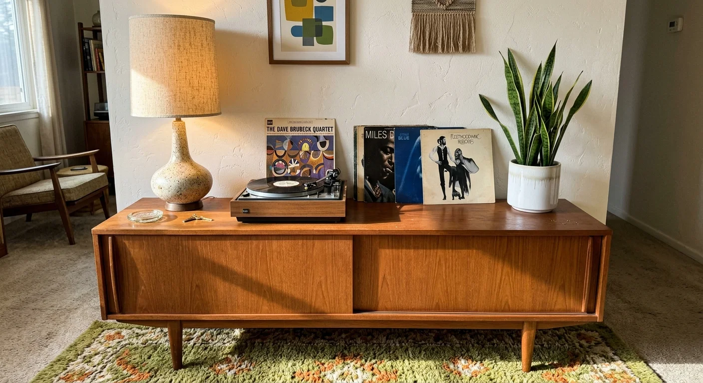 A warm teak wood mid-century sideboard styled with a vintage record player, a ceramic lamp, and a green snake plant.