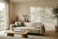 A warm, textured alabaster plaster feature wall in a sunlit modern living room with a linen sofa and minimalist decor.
