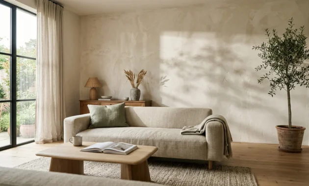 A warm, textured alabaster plaster feature wall in a sunlit modern living room with a linen sofa and minimalist decor.