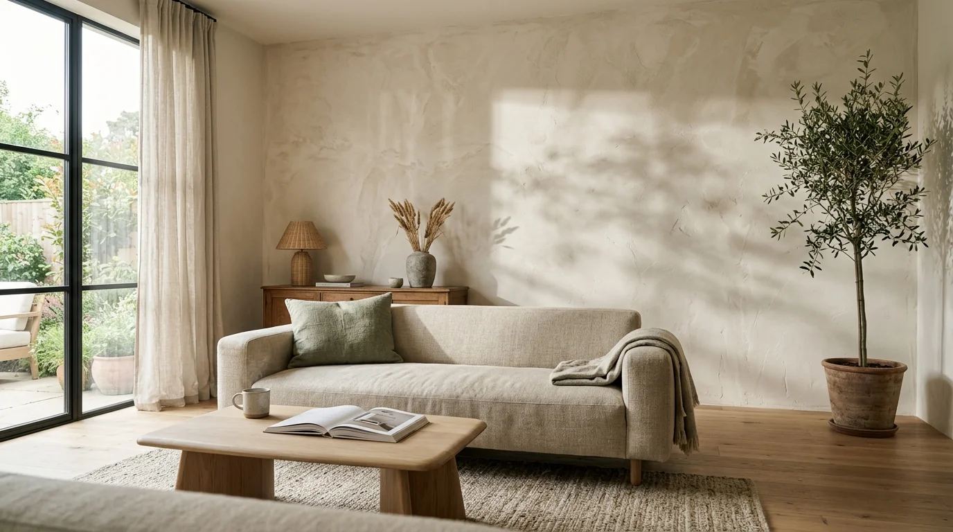 A warm, textured alabaster plaster feature wall in a sunlit modern living room with a linen sofa and minimalist decor.