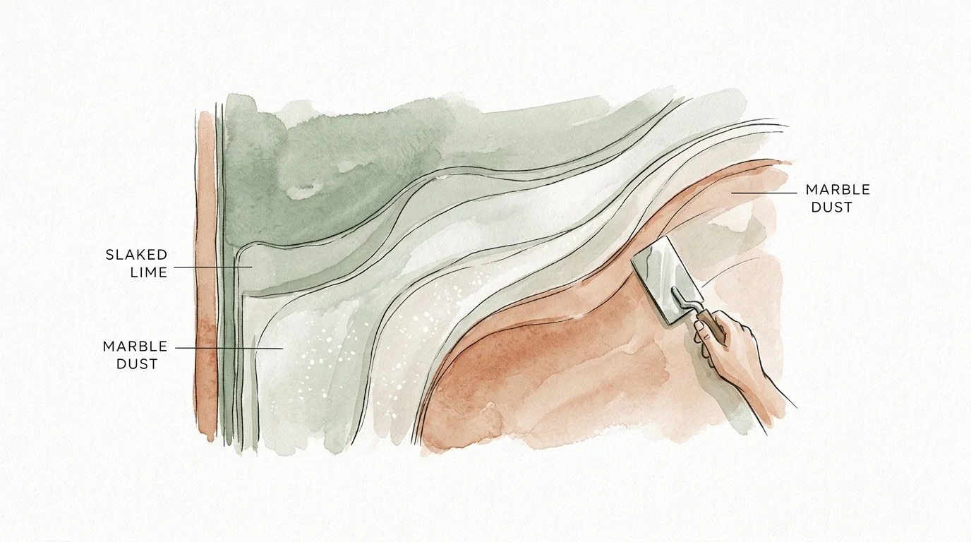 A watercolor and ink illustration depicting the natural layers of Venetian plaster, highlighting slaked lime and marble dust.