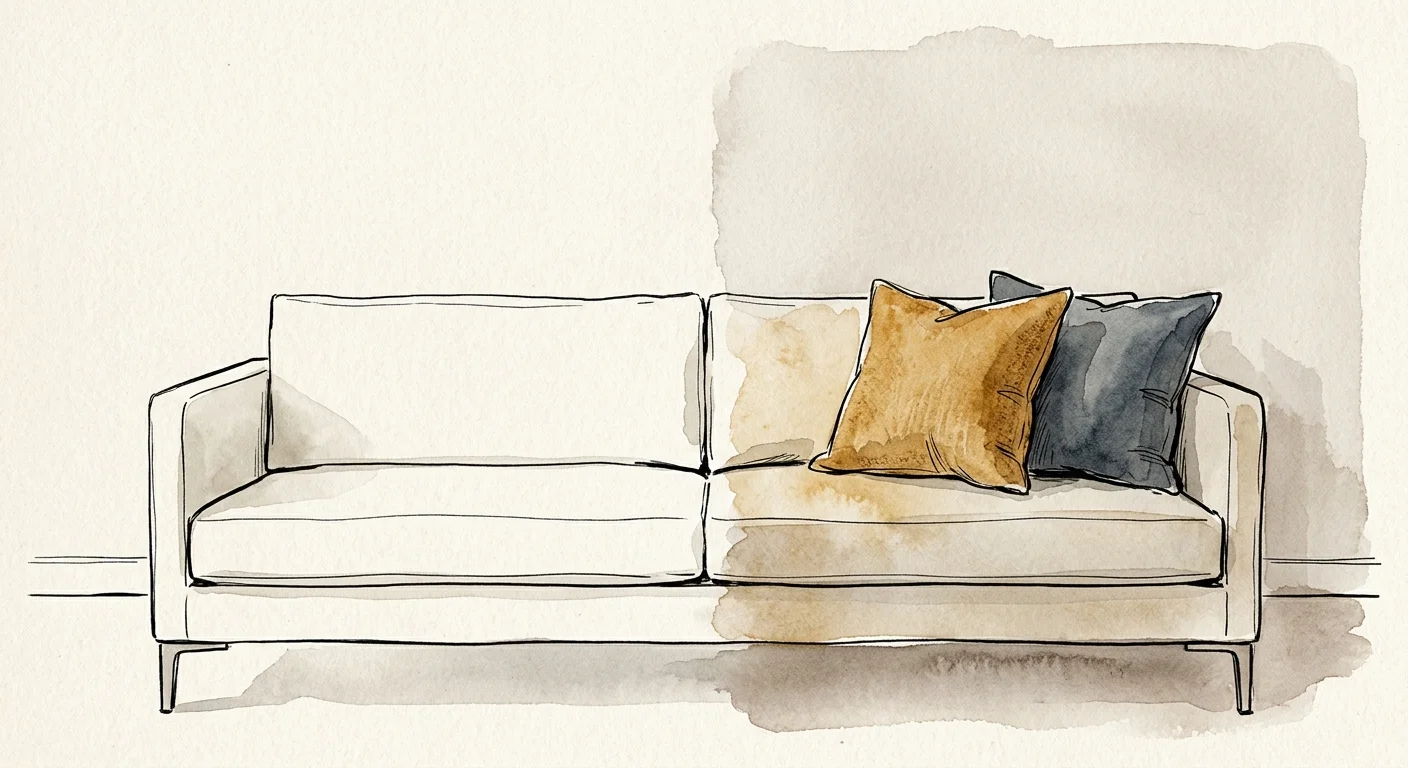 A watercolor and ink illustration of a bare sofa transformed by adding two textured accent pillows in warm ochre and slate gray.