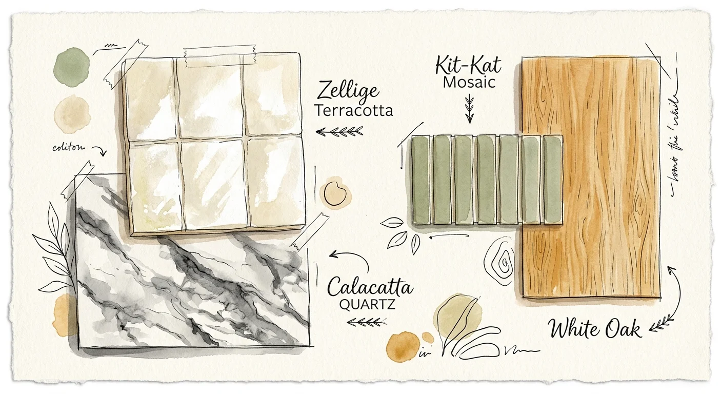 A watercolor and ink illustration of a kitchen design mood board featuring marble, Zellige tile, sage green mosaics, and white oak.