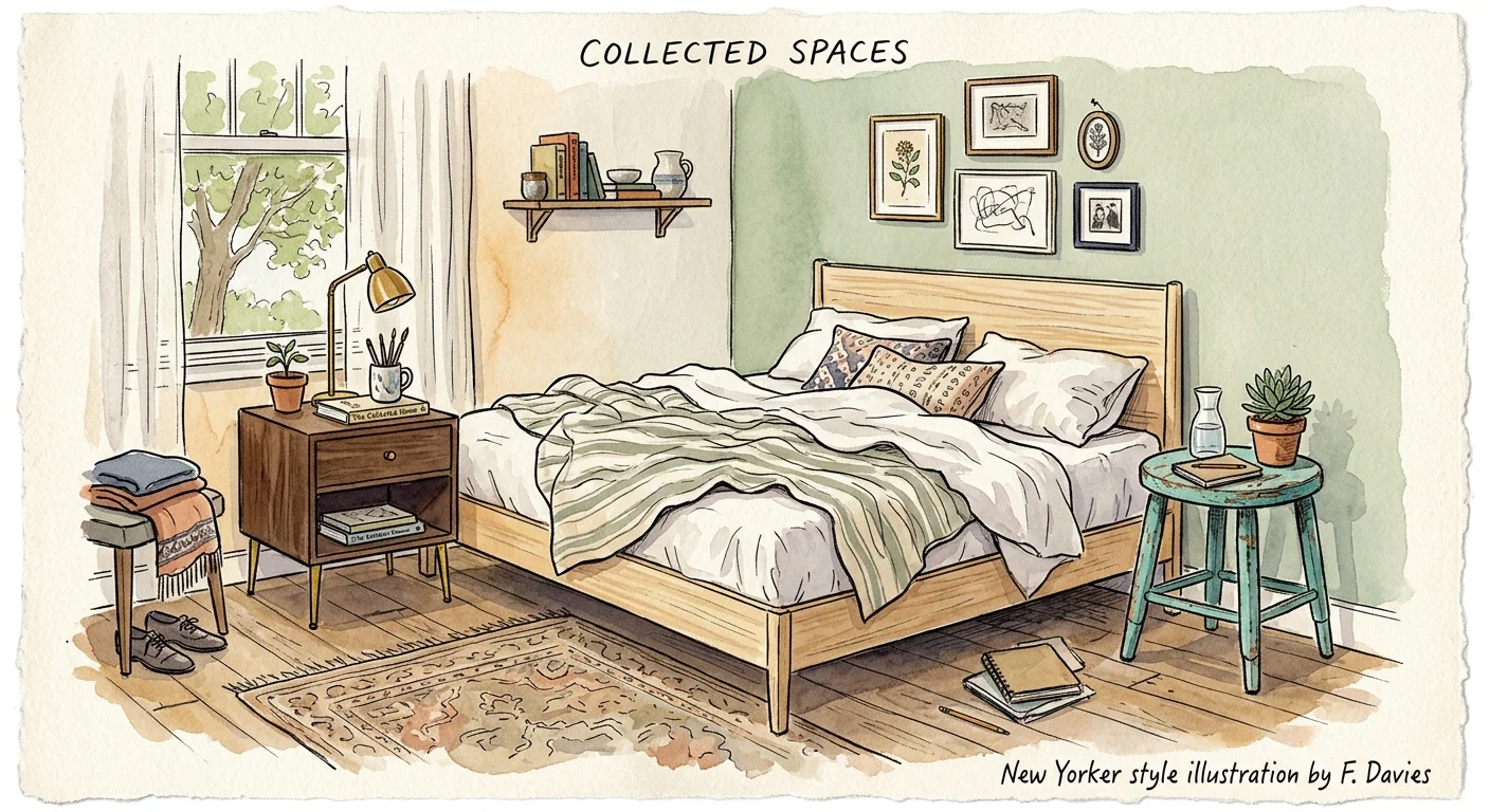 A watercolor illustration of a bedroom corner featuring mismatched wood nightstands and eclectic furniture styles.