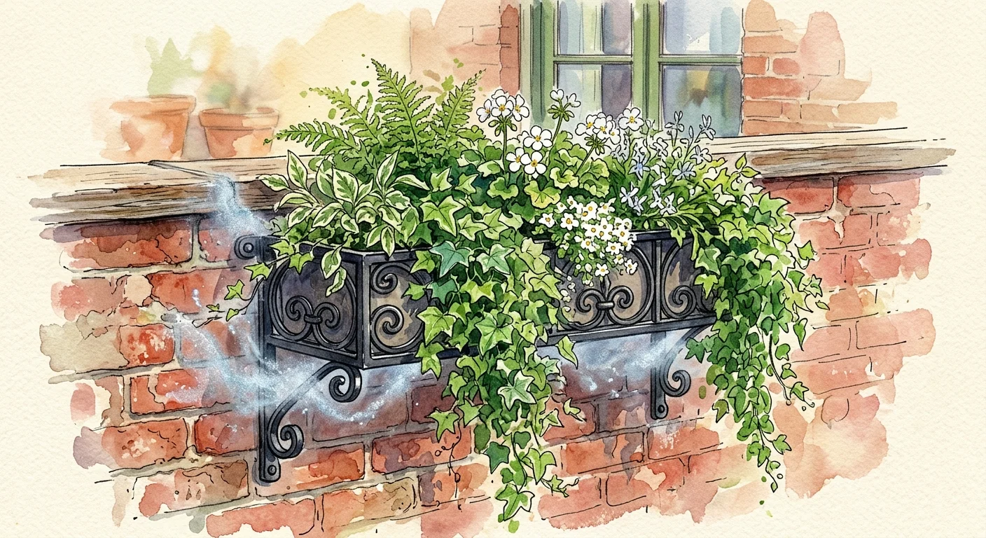 A watercolor illustration of a black wrought iron planter box with green ivy on a brick balcony, surrounded by a soft protective blue mist.