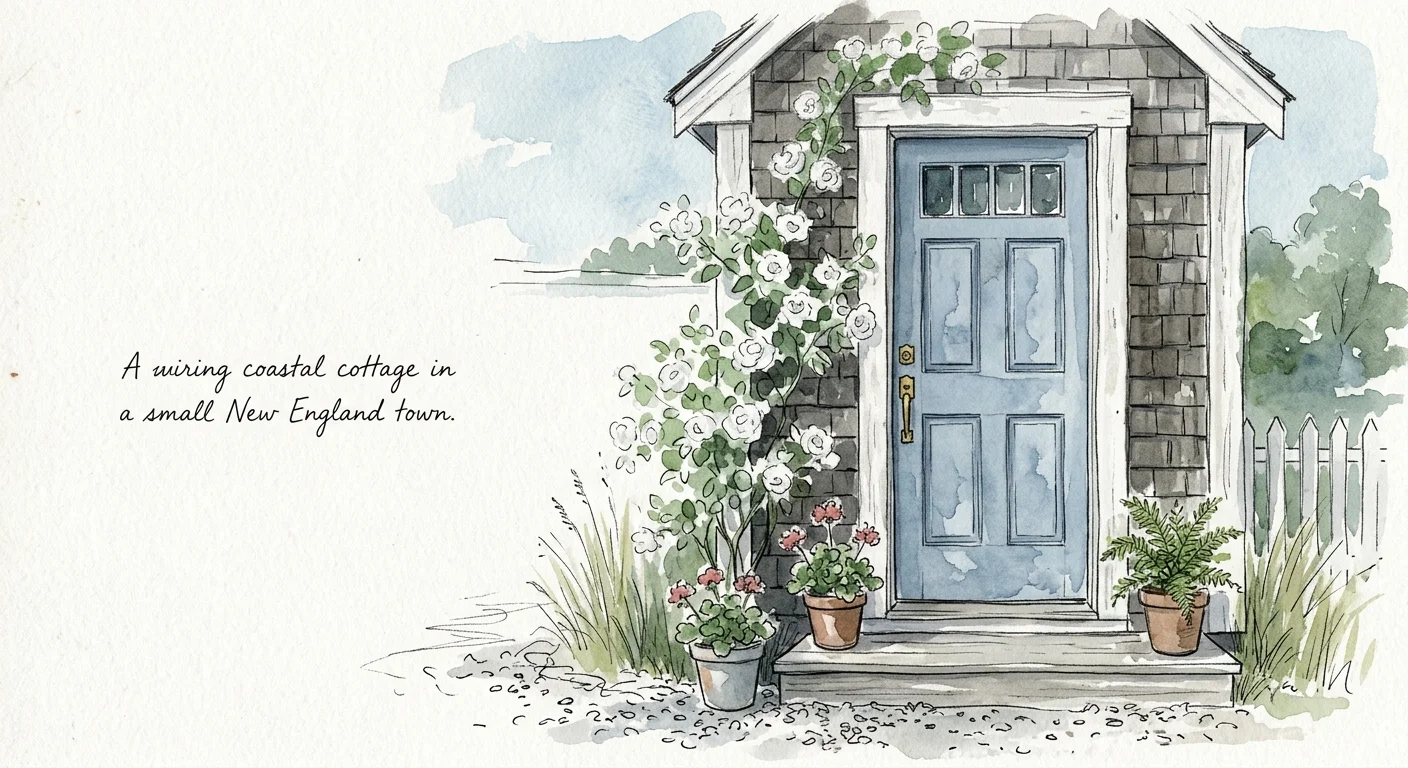 A watercolor illustration of a charming cottage entryway with a soft coastal powder blue front door and climbing roses.