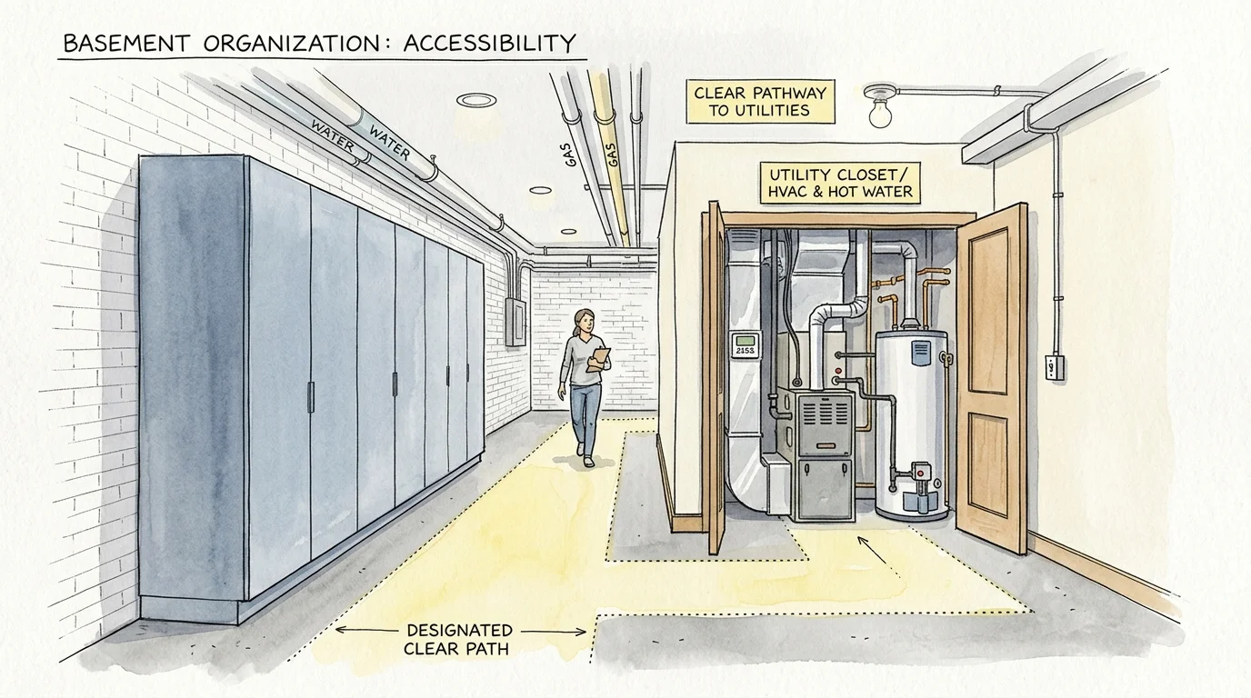 A watercolor illustration of a clear, organized basement pathway leading past sleek cabinets to utility closet doors.