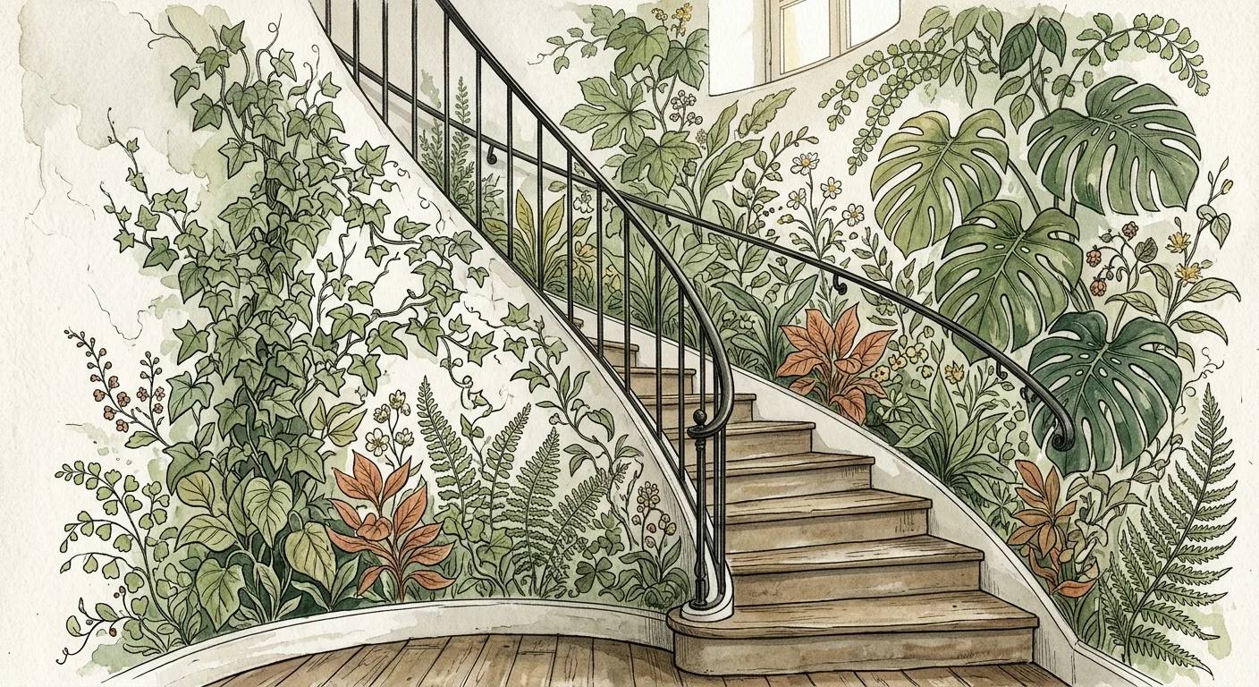 A watercolor illustration of a curved staircase wall painted with a lush, winding green botanical mural.