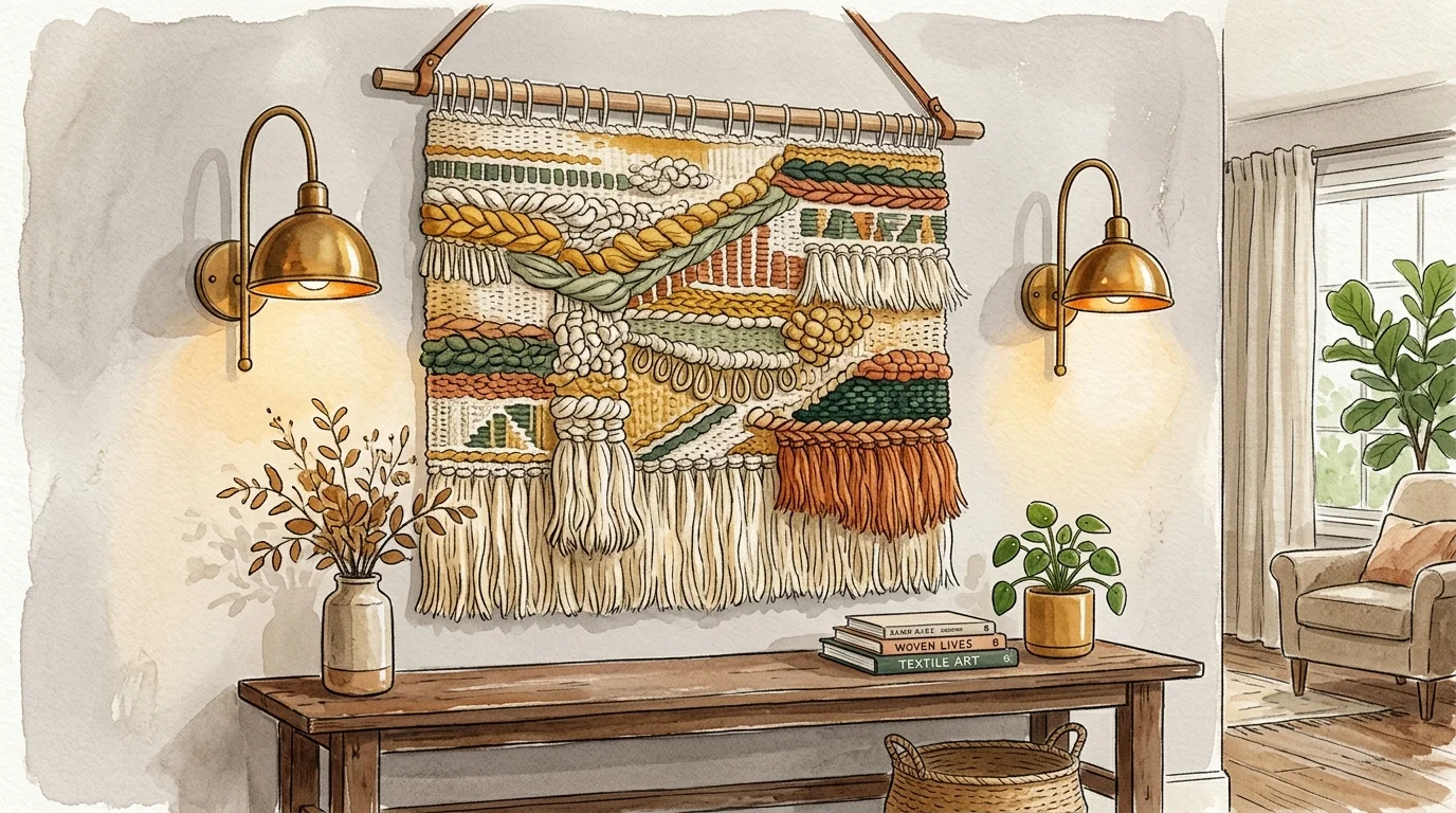 A watercolor illustration of a textured woven tapestry hanging between two glowing brass wall sconces on a soft grey wall.