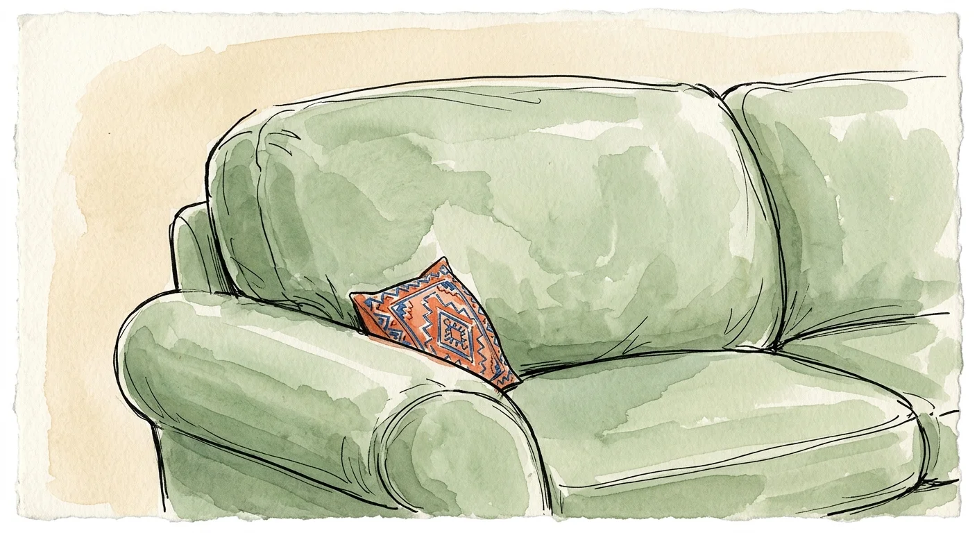 A watercolor illustration of a tiny patterned throw pillow getting swallowed and lost behind a massive sofa back cushion.