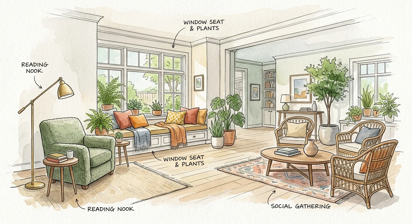 A watercolor illustration of an open living room divided into multiple cozy zones: a reading nook, a plant-filled window bench, and a social