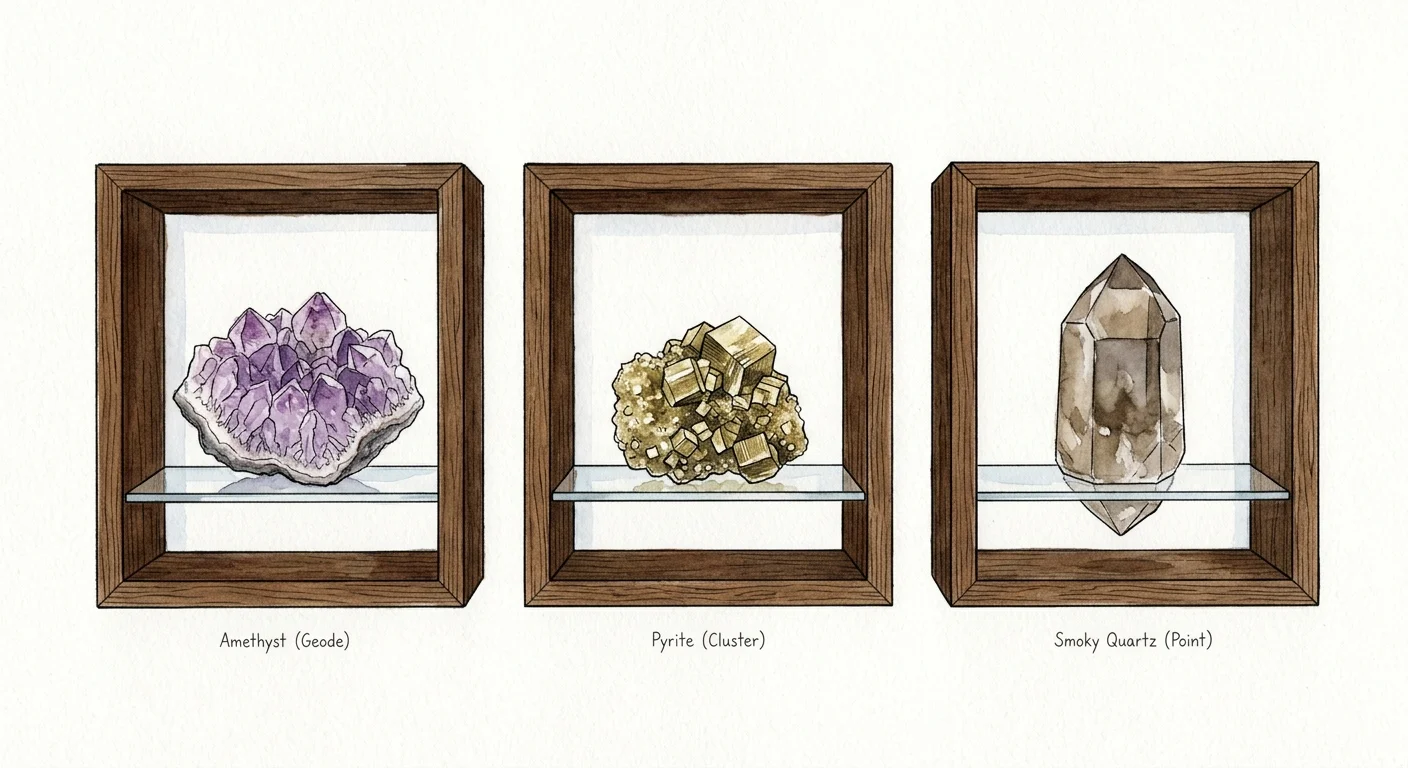 A watercolor illustration of dark wood shadow boxes displaying raw amethyst, pyrite, and quartz crystals on glass shelves.