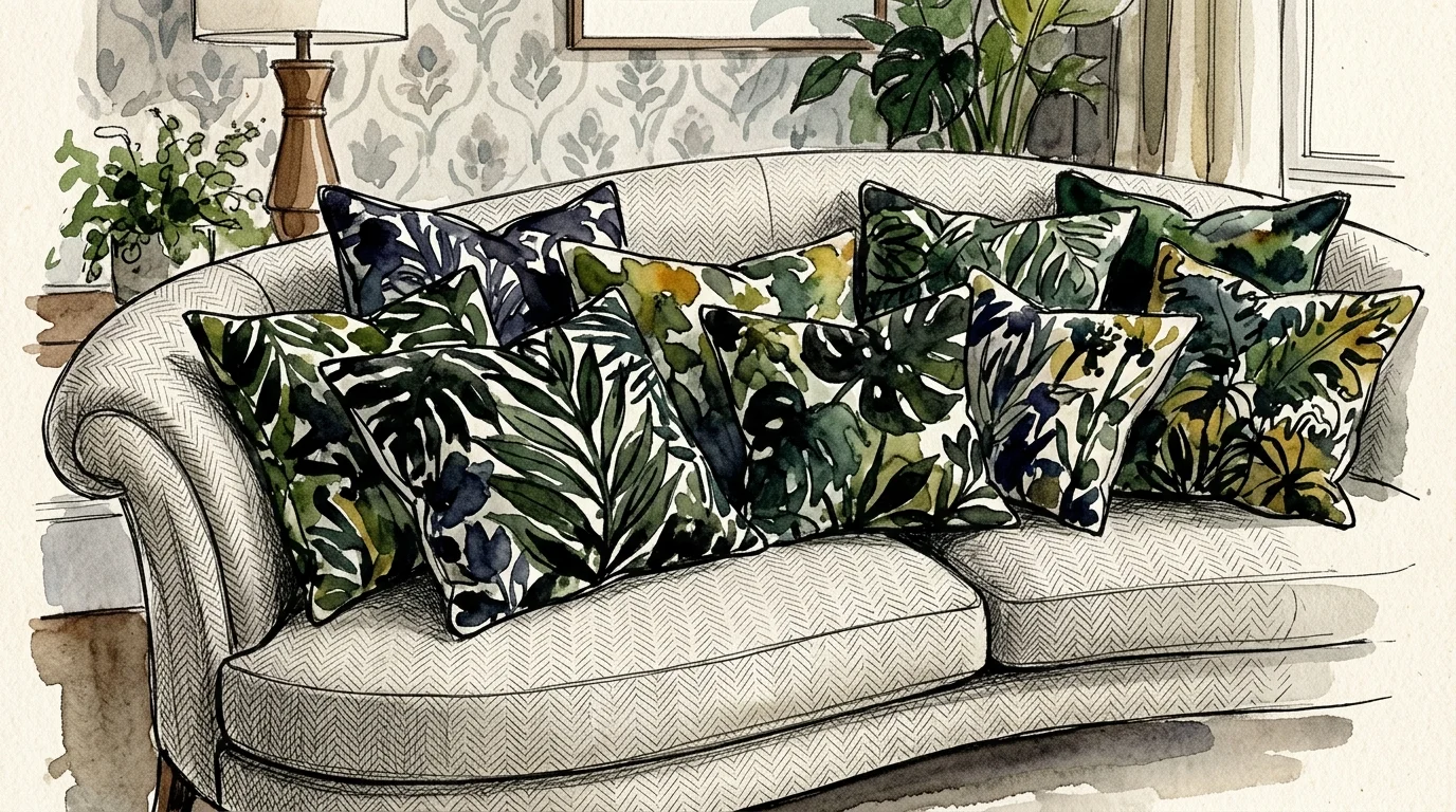 A watercolor sketch showing aggressive, dark botanical patterned pillows completely overwhelming a delicately textured herringbone sofa.
