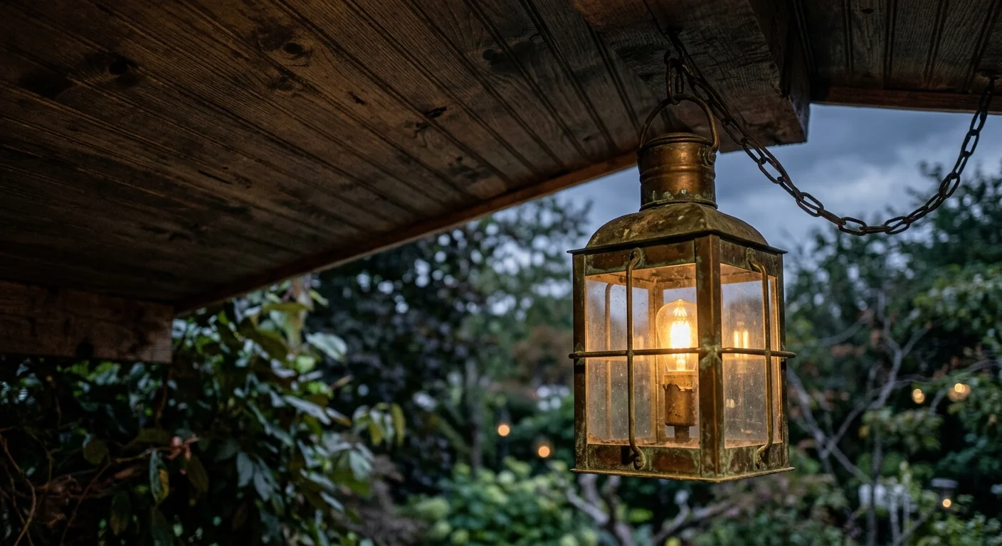 A weathered brass pendant lantern with a natural green patina hanging from a rustic dark wood porch ceiling.