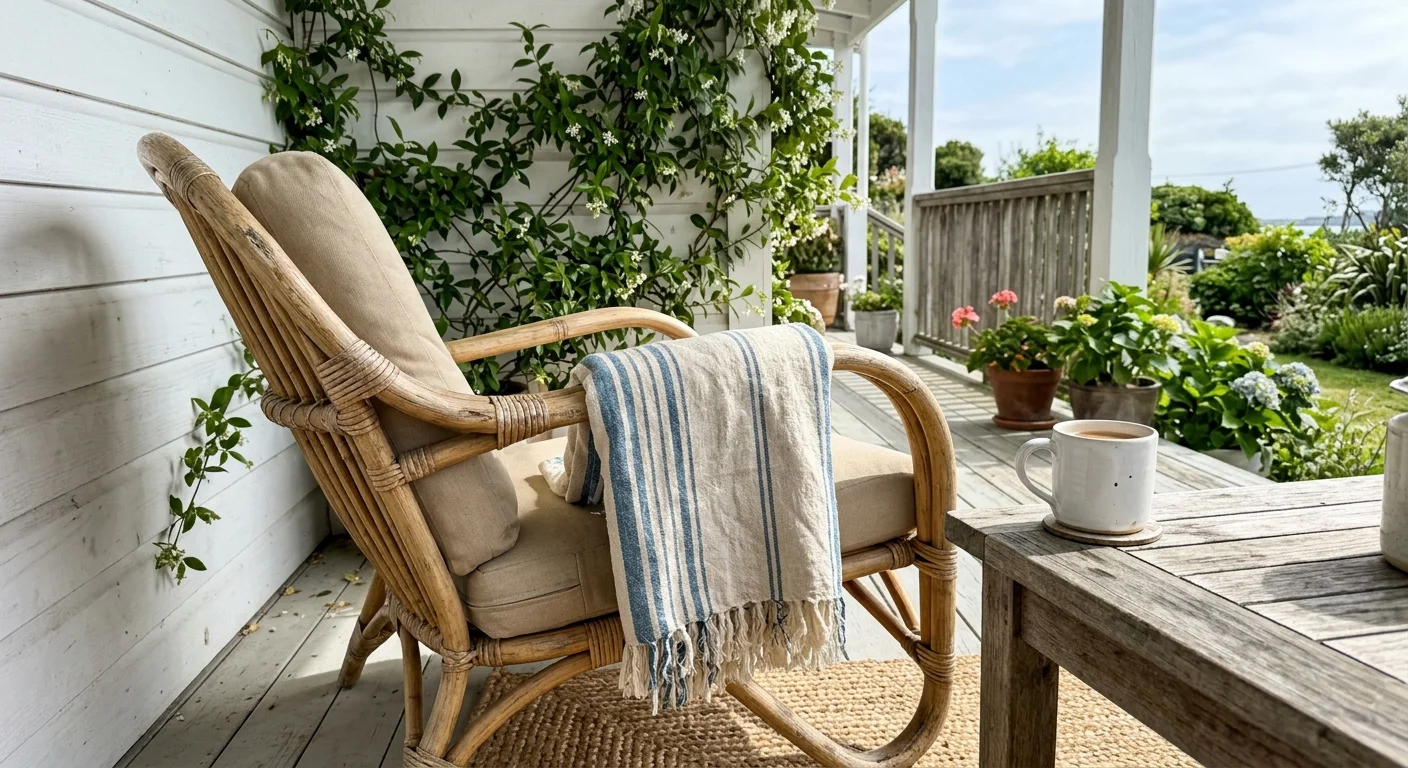 A weathered rattan chair with a striped blue and cream linen throw blanket on a sunny whitewashed wooden porch.